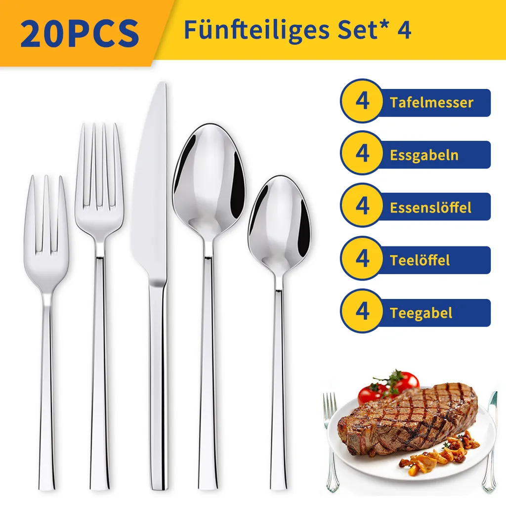 Besteckset 20-tlg Besteck Tafelbesteck Edelstahl Besteck für 4 Personen,Edelstahl Design Besteck Set für 4 Personen (20-teilig),Tafelbesteck 20-teilig 4 personen